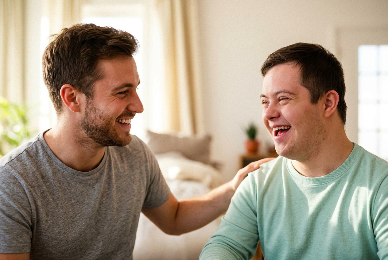 A Kinbridge support worker laughing with a client at home