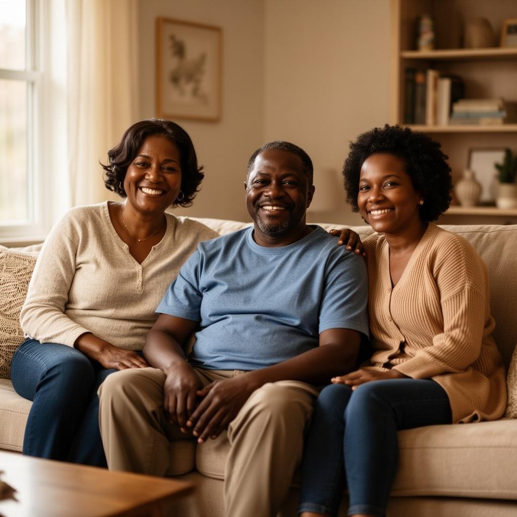 African American adult with IDD enjoying respite care with his family in a warm, welcoming home environment